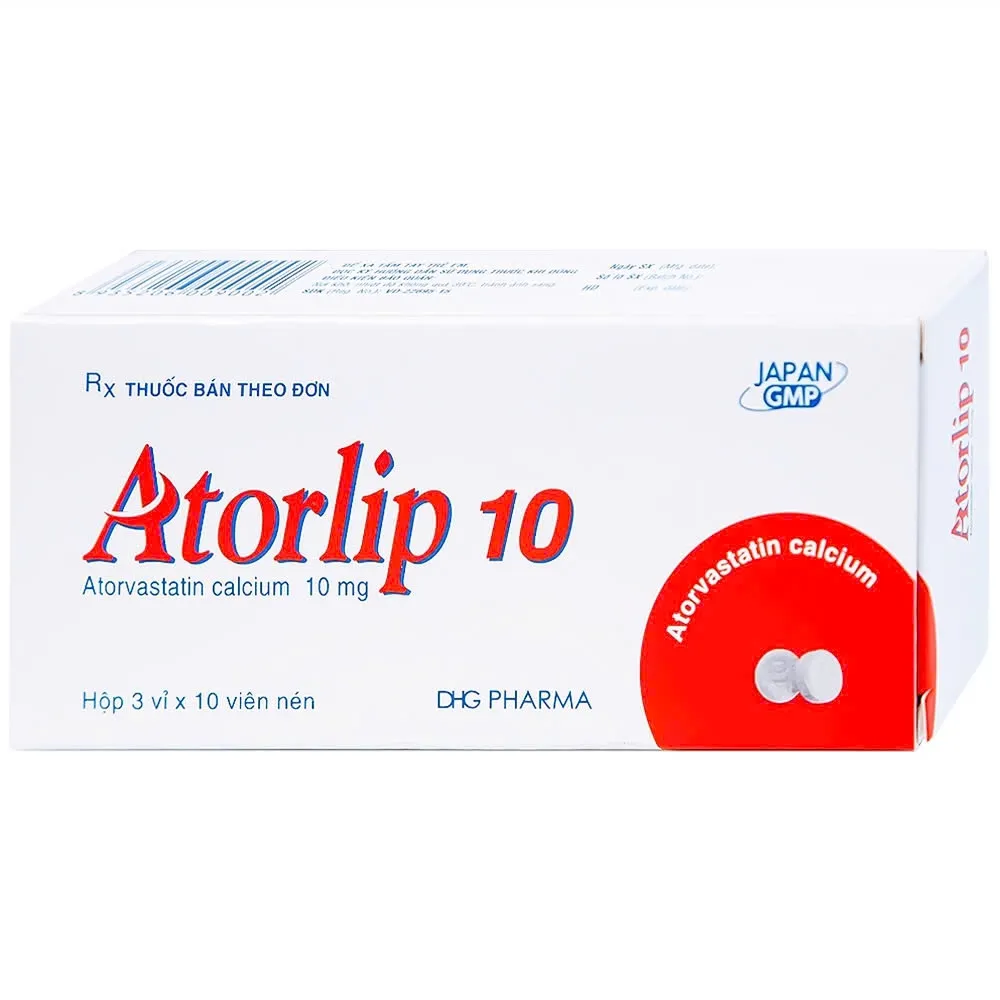 Atorlip 10mg DHG (H/30v) - Thuốc điều trị tăng cholesterol toàn phần và LDL-cholesterol (3 vỉ x 10 viên)